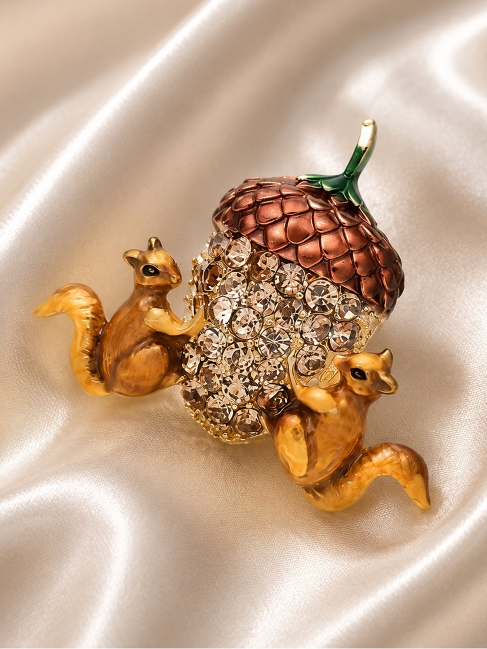 Cute Squirrel Whimsical Acorn Crystal Brooch